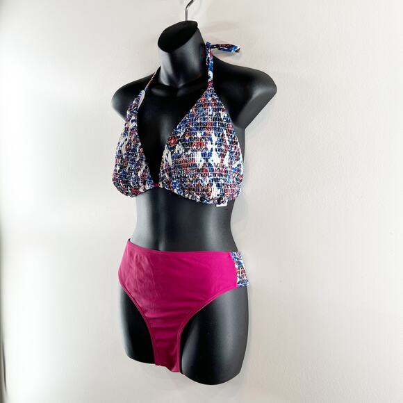 Swimsuits for All Smocked Triangle Top & Bikini Bottom Set Blue Pink 18 - Picture 10 of 15